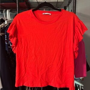 Medium Zara Red Ruffled Short Sleeve T-Shirt